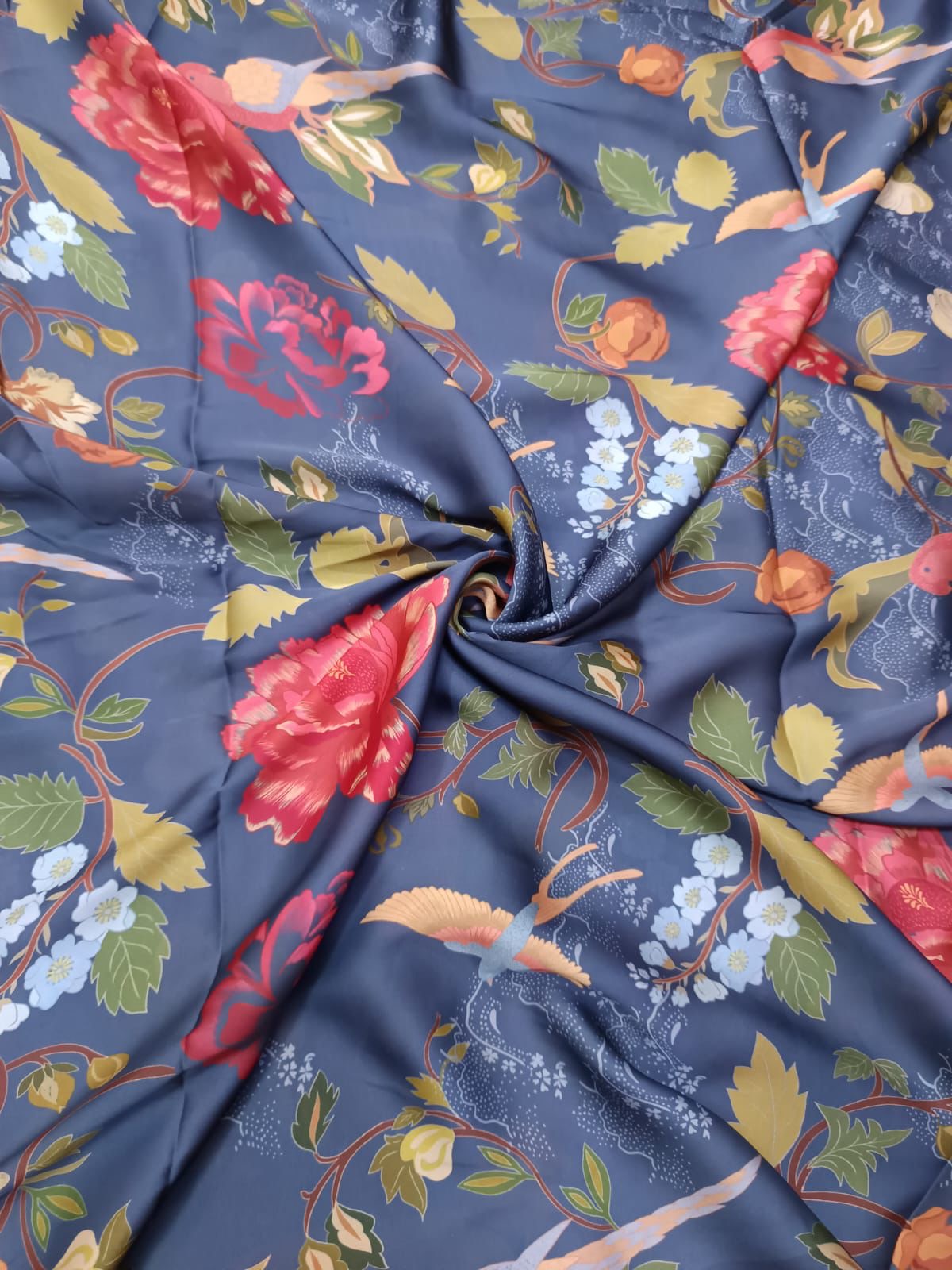 Dark Blue Bird Floral Print in French Crepe OMSG 67