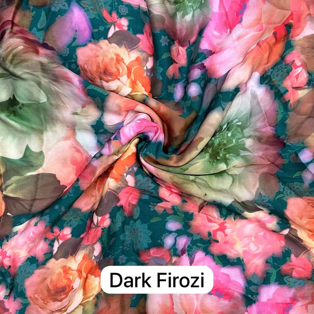 Big Multi Floral Print in Firozi Base color on Pure Modal Satin OM SG 239