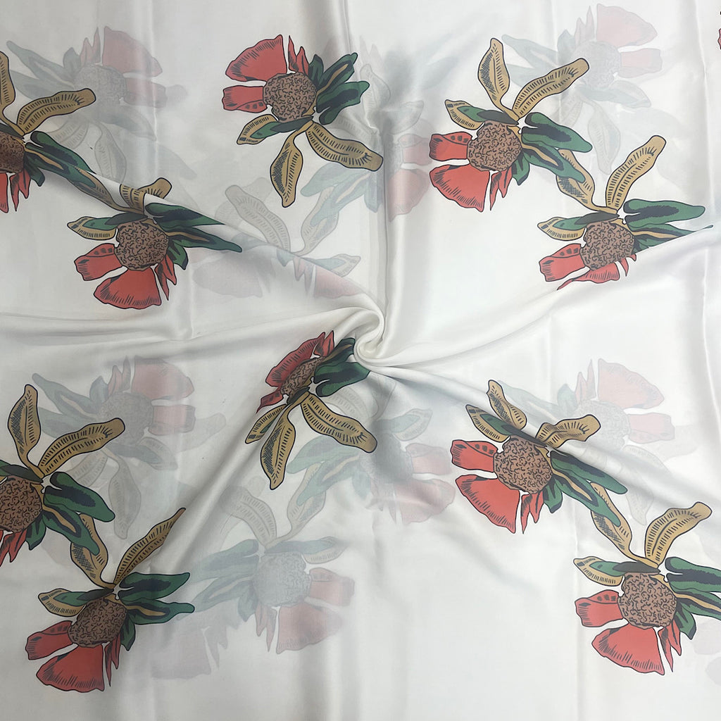 Sabya Print with White Base & Red Floral Design on Pure Satin Georgette