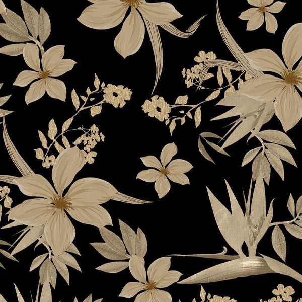 Black Floral Print on Satin Linen PK 1513