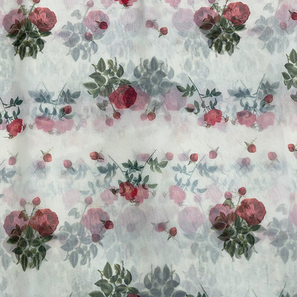 Ivory White Floral Bunch Print on Soft Organza