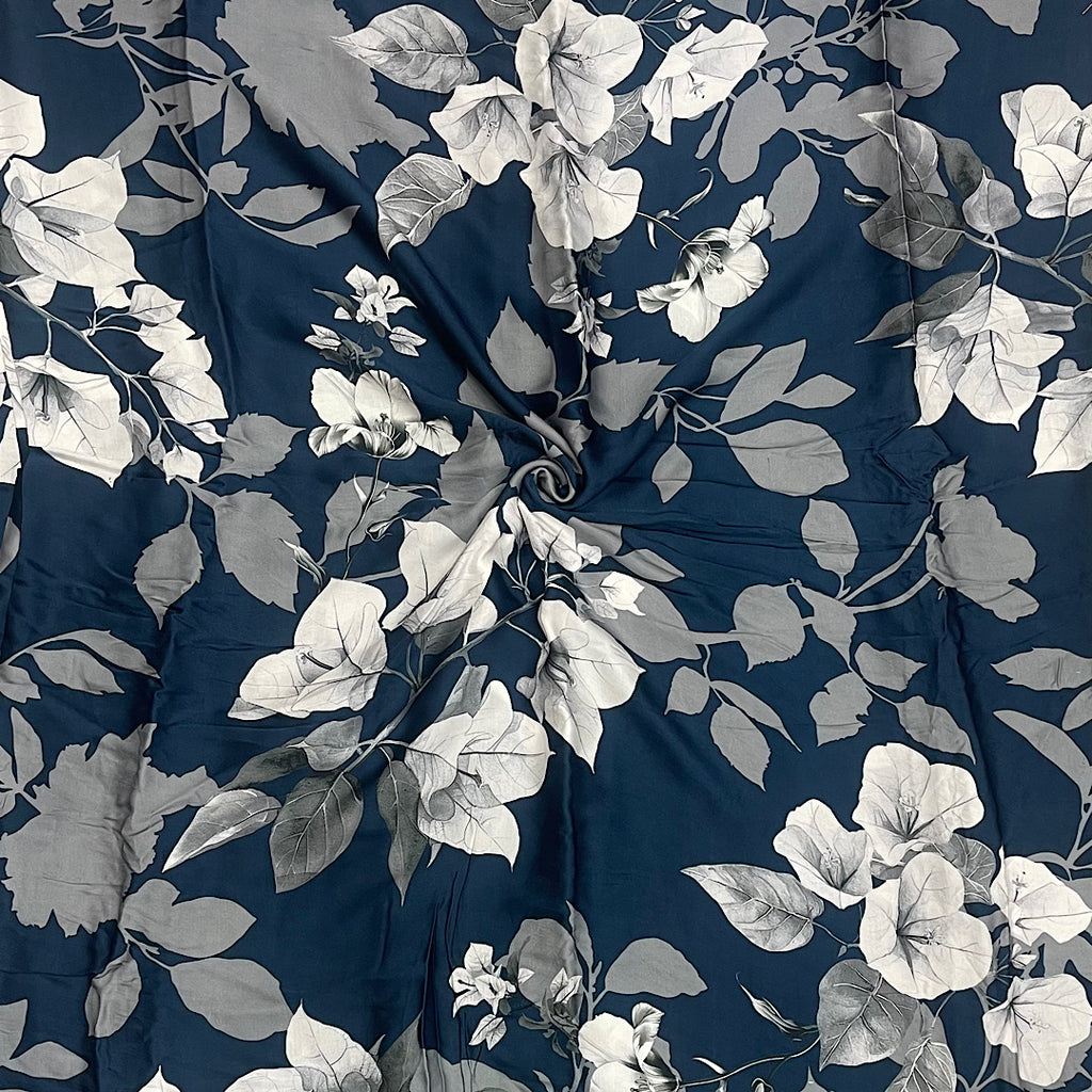 Aza New Floral Print with Blue Base with White Gray & Black Floral on Pure Modal Satin