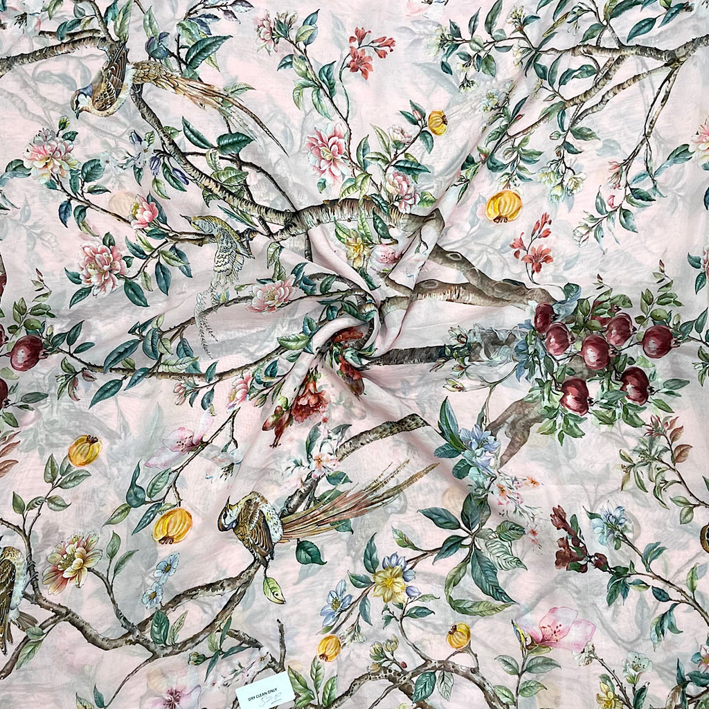 Bird on the Branch Print with Light Pink Base on Pure Viscose Organza