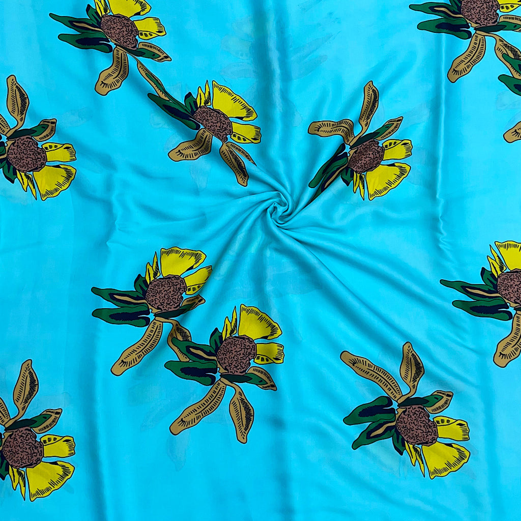 Sabya Print with Firozi Blue Base & Yellow Floral Design on Pure Modal Satin