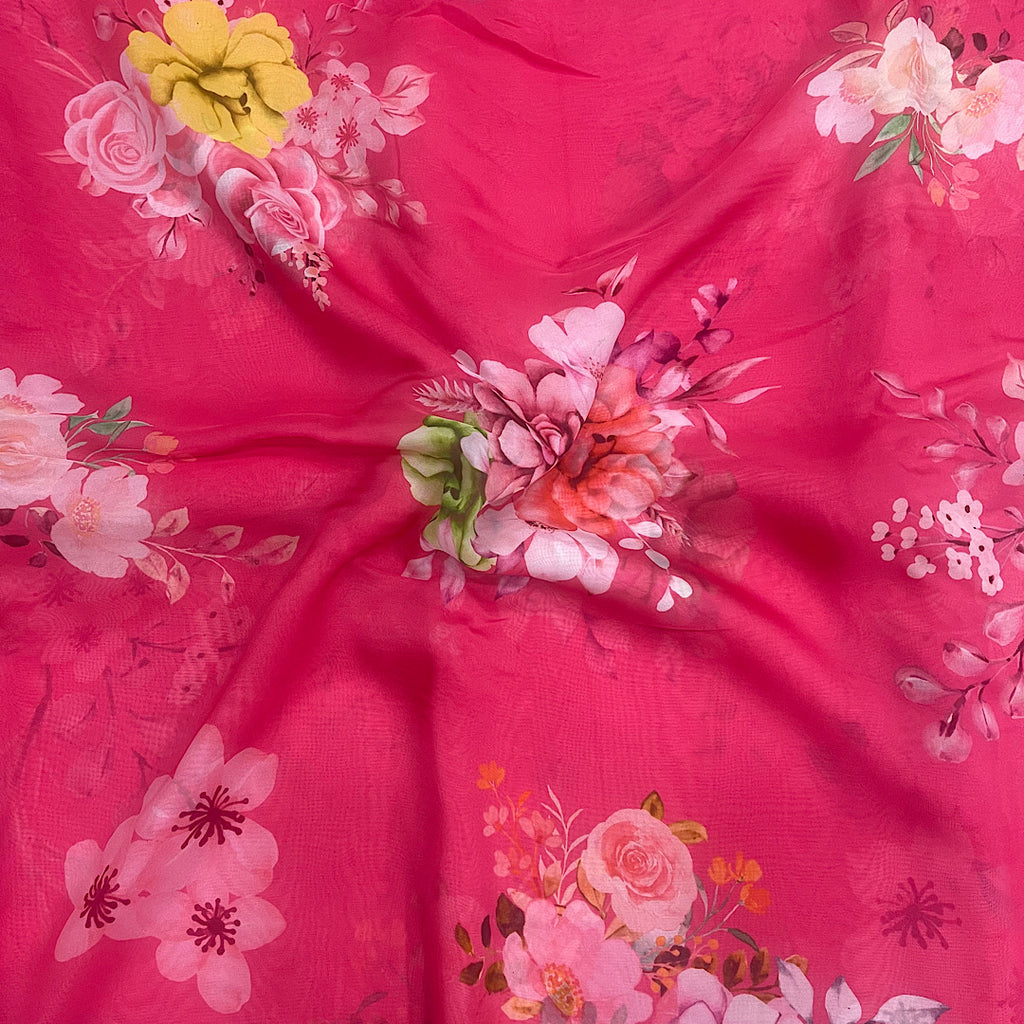 Rimple Pink Floral Print on Pure Viscose Organza