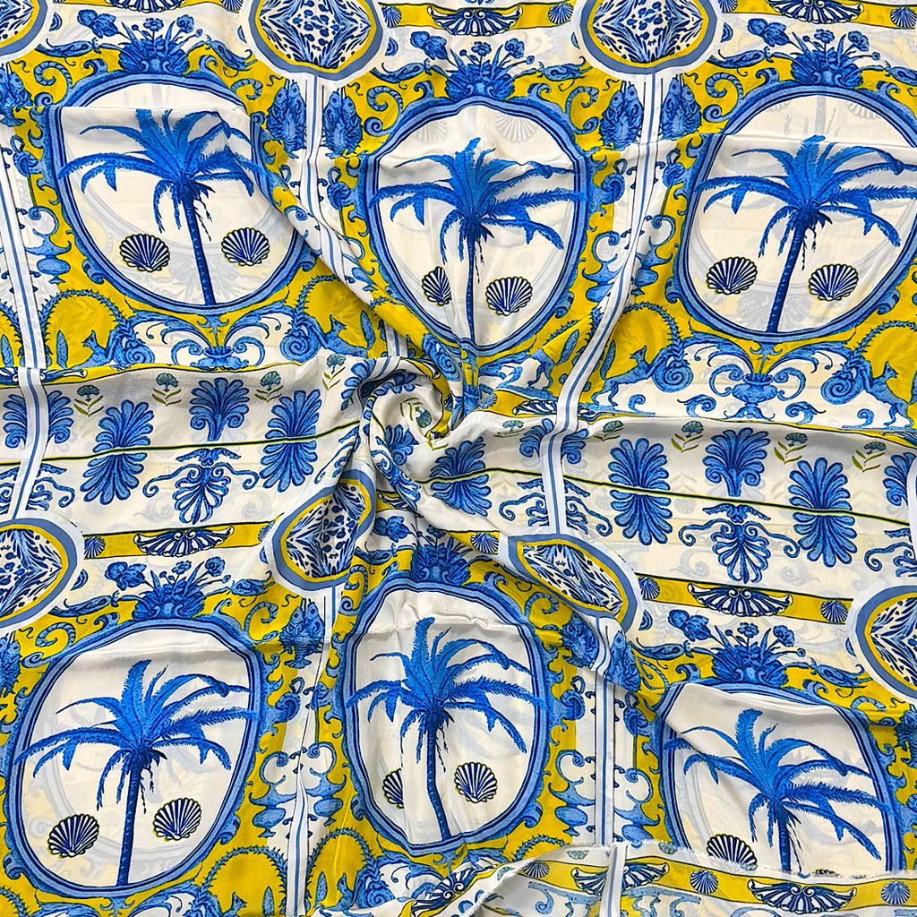 Modern Italian Summer Print in White & Yellow Base with Blue Motives on Pure Cotton Fabric OM PS 374