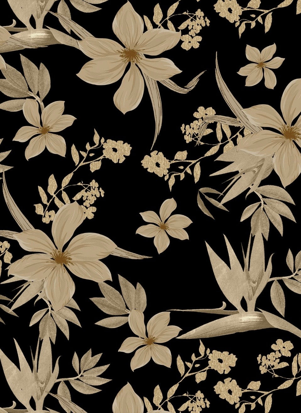 Black Floral Print on Satin Linen PK 1513