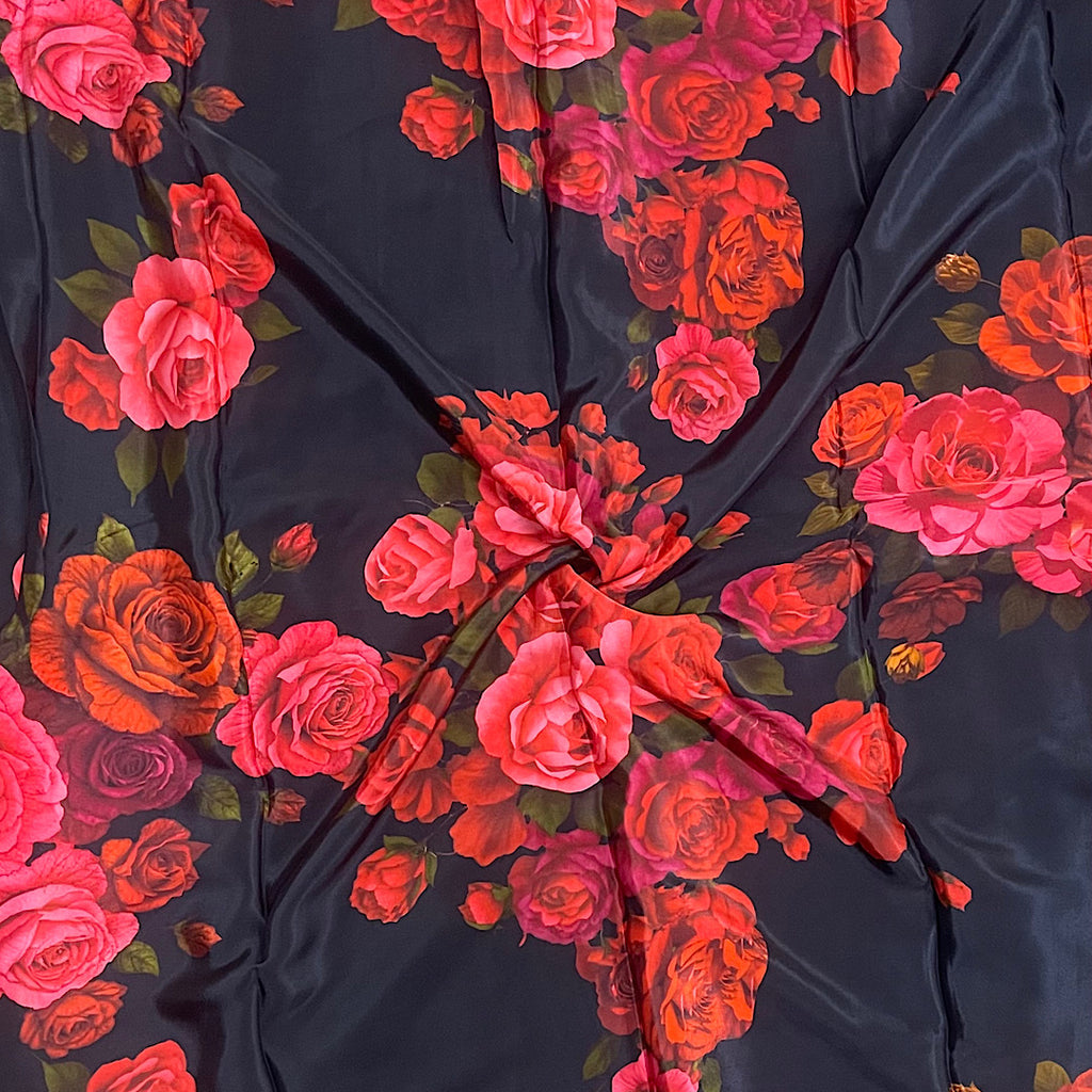 Floral Print with Black Base Color on Pure Natural Crepe