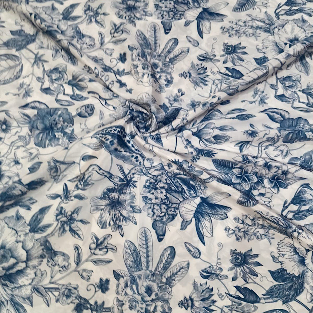 White Base with Blue Floral Print on Crepe Silk OM SS 134
