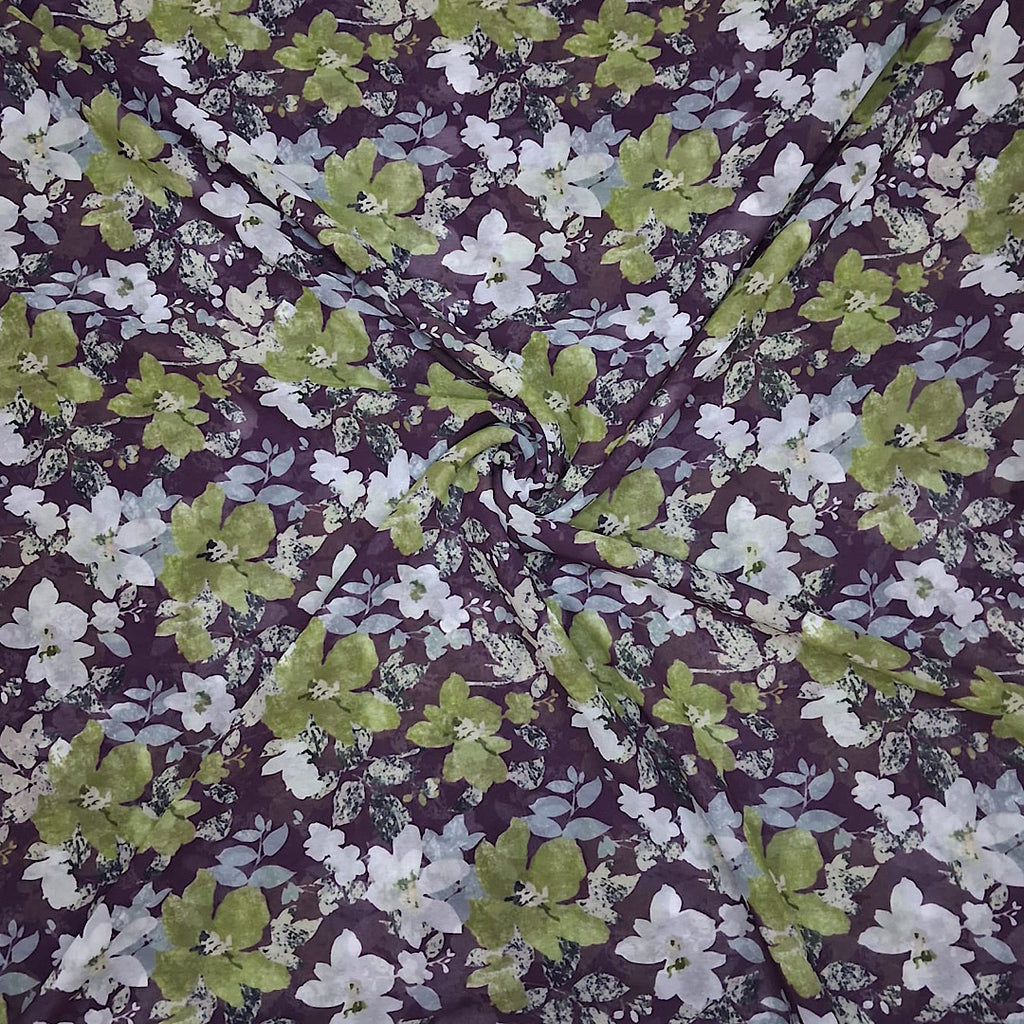Green & White Small Floral Print with Purple Base on Georgette Fabric Pooja OM PS 356