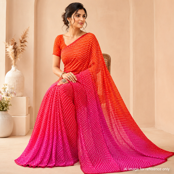 Alia Pink to Red/Orange Bhandani Ombre Print on Satin Georgette OM PK 1223 C27