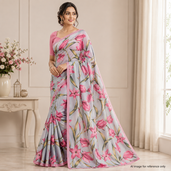 Pink Rose Print in Satin Georgette OM PK 1337 C4