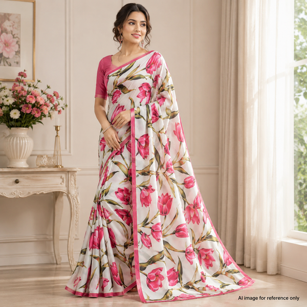 Pink Rose Print in Satin Georgette Fabric OM PK 1337 C1