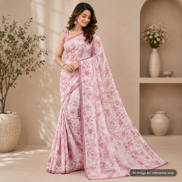 Ivory White Base with Pink  Floral on Muslin Fabric  OM SS 134 C3