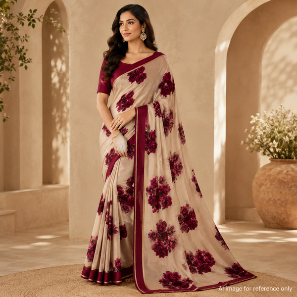 Gazal Pink Floral Bunch Print on Ivory White Base color on Satin Georgette OM SG 225