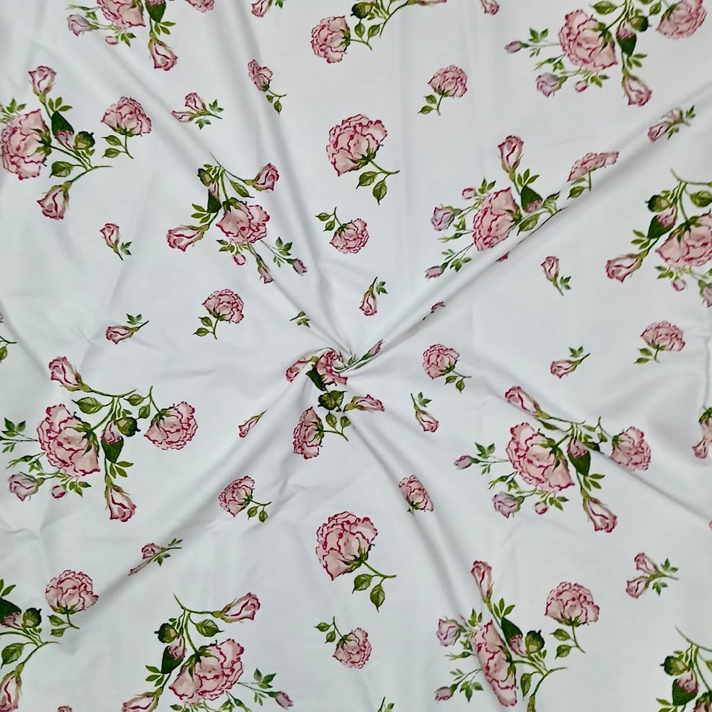Rose Flower Print on White Color Base on Pure Viscose Organza OM SG 186