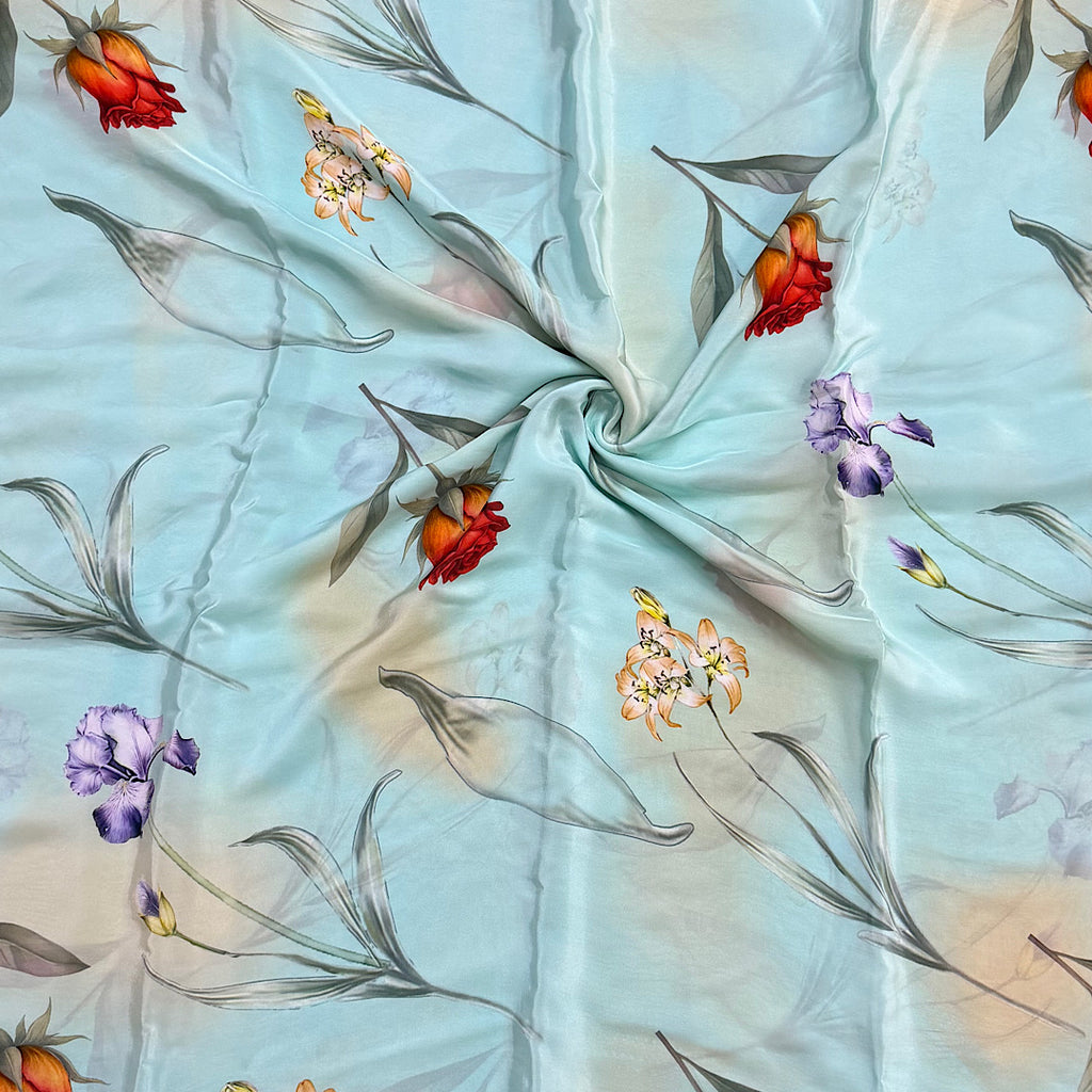 Modern Hand Paint Effect Floral Print with Light Blue Base Colour on Pure Modal Satin