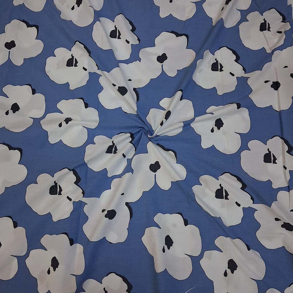 Dhruv Print with Dusty Blue White flower  abstract English Floral Print on Pure Cotton Poplin OM PS 398