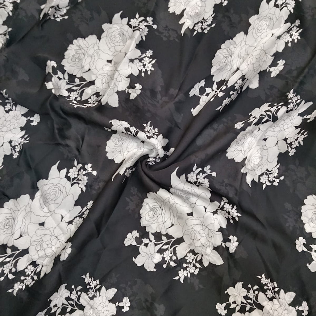 Black Floral Print on Satin Georgette Fabric OM PS 273