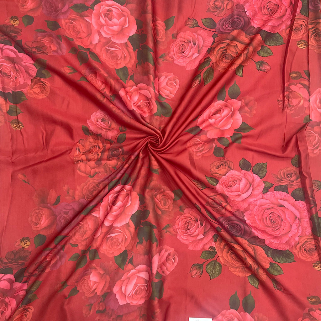 Floral Print with Red Color Base on Satin Linen