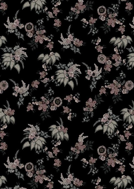 Black Color Small Floral Traditional Sabya Print on Pure Natural Crepe OM SG 112