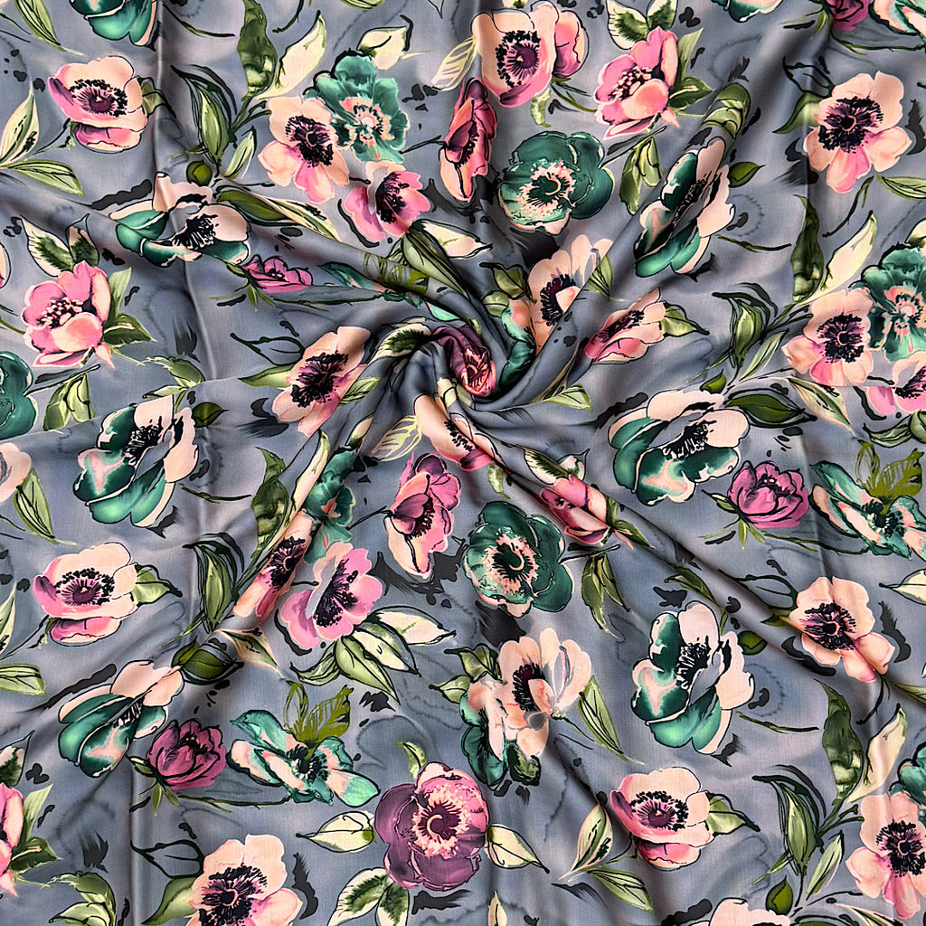 Grey Hand Paint Floral Print on Pure Modal Satin