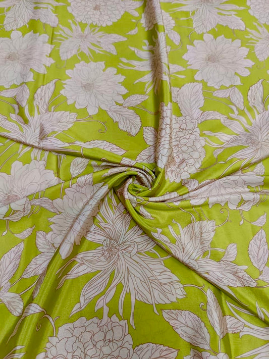 New Green with Cream Floral Print on Pure Natural Crepe TK 370