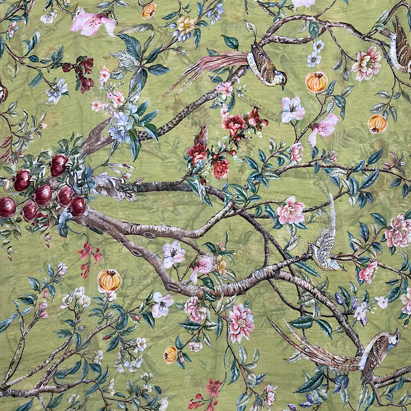 Bird on the Branch Print with Green Base on Pure Viscose Organza