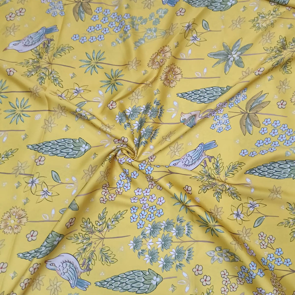 Anita Bird & Floral Small Print in Yellow Color on Armani Satin Fabric