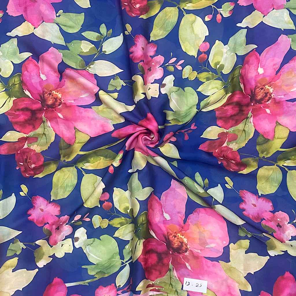 Navy Blue with Pink Floral Print on Pure Natural Crepe OM PS 75
