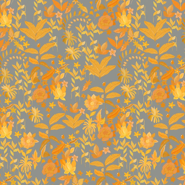 Grey & Yellow Small Floral Print on Satin Linen OM SG 73