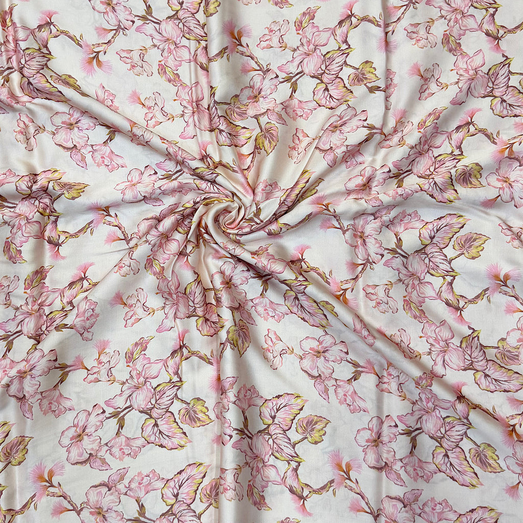 Beige with Light Pink Leaves Print on Pure Modal Satin OM RS