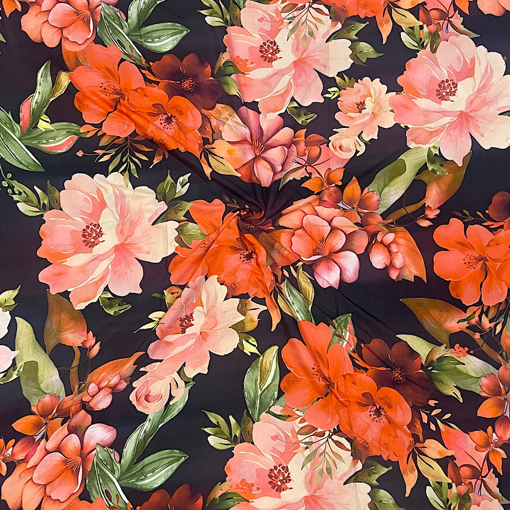 Yam Black & Red Big Floral Print on Pure Viscose Muslin Fabric