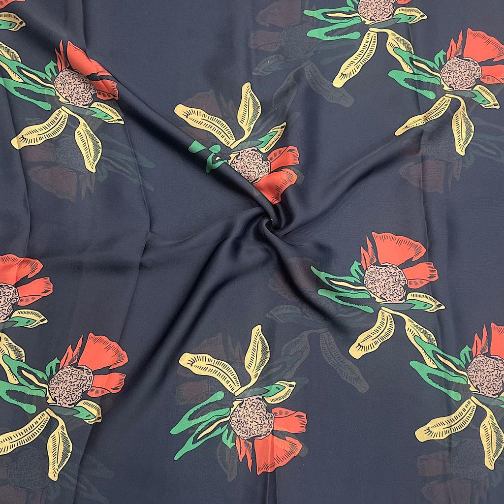 Sabya Print with Blacke Base & Red Floral Design on Pure Satin Georgette