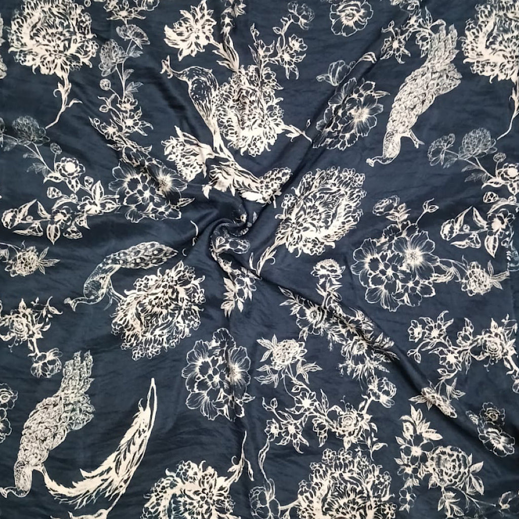 Gazal Black & Beige Peacock Print on Pure Modal Satin OM SG 112