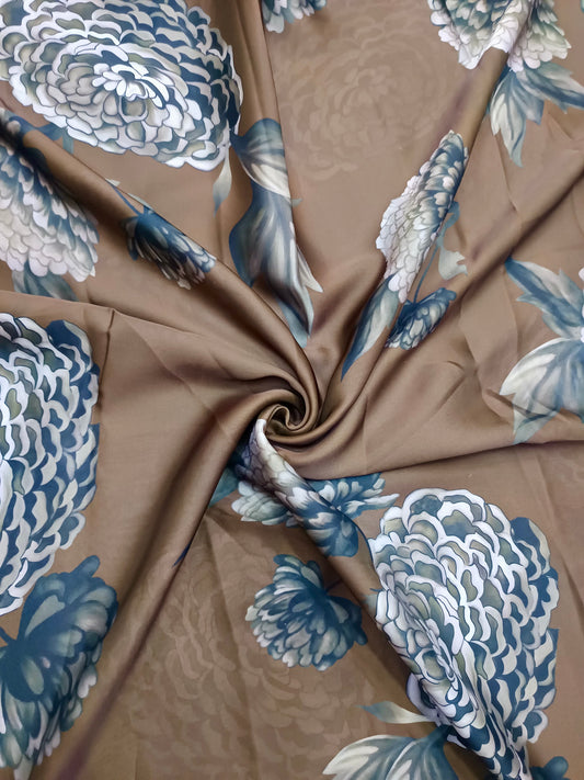 Brown Big Floral Gazal Cord Print on Satin Georgette OM SG 134