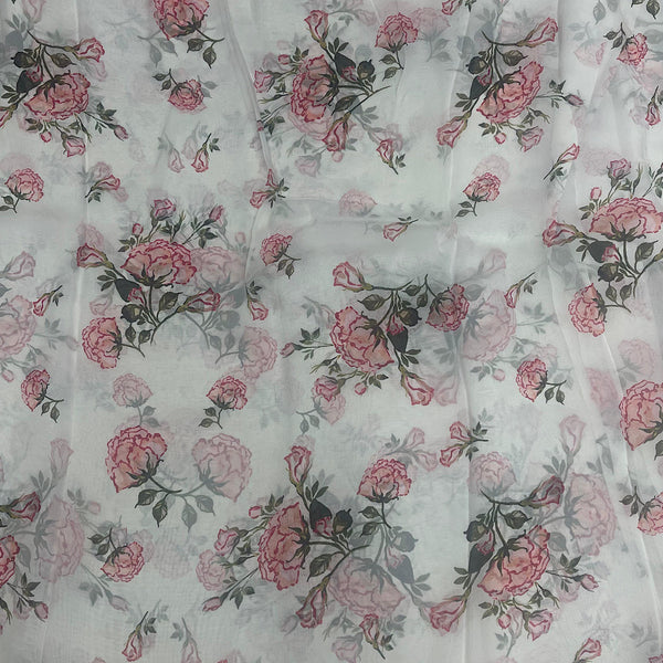 Rose Flower Print on White Color Base on Pure Viscose Organza OM SG 186