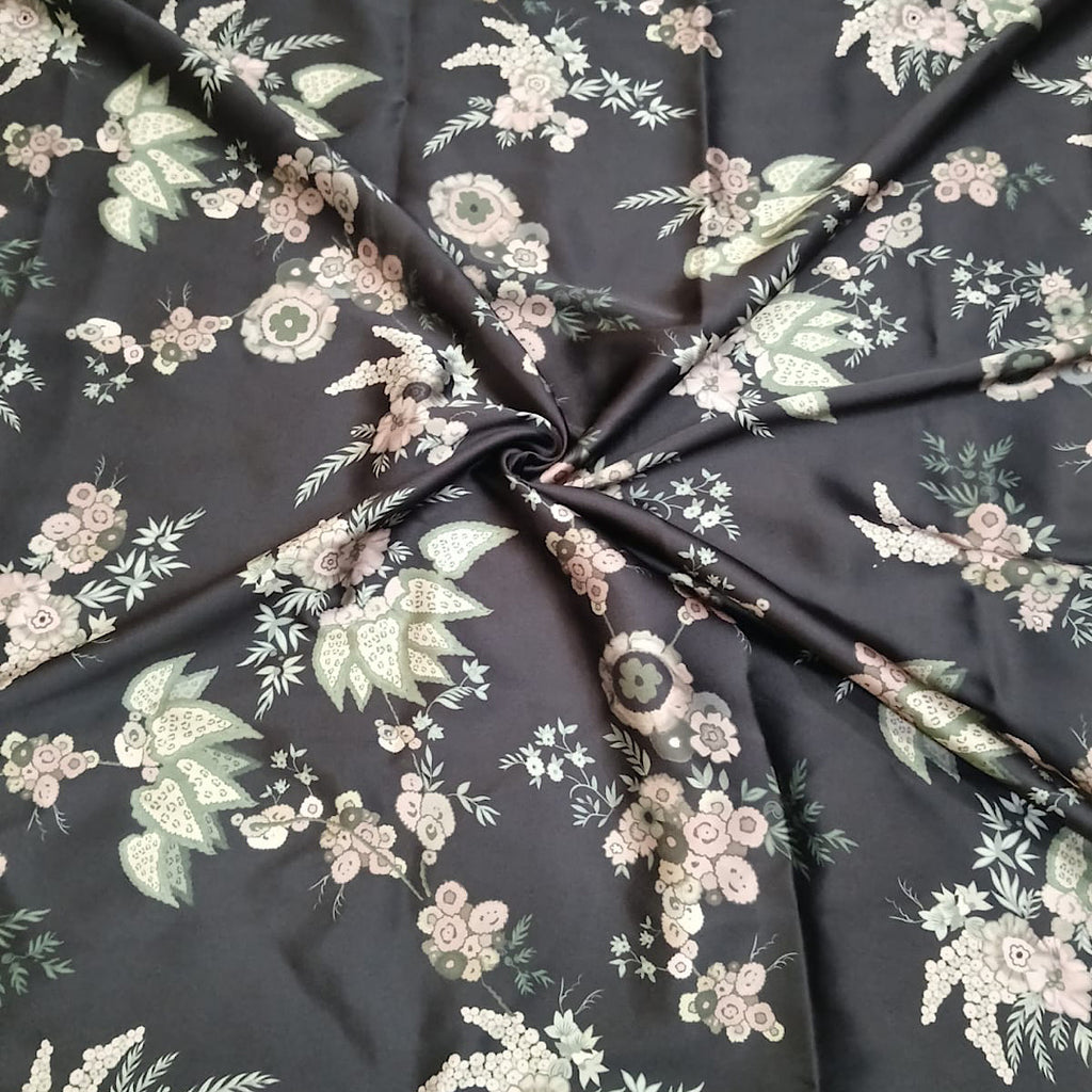 Black Color Small Floral Traditional Sabya Print on Pure Natural Crepe OM SG 112