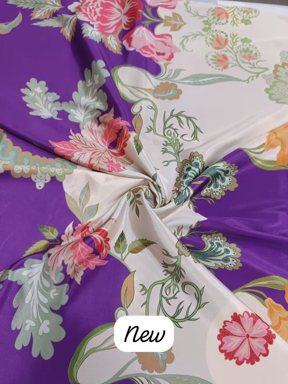 Purple & Cream Abstract Floral Print on Pure Natural Crepe OM SG 64