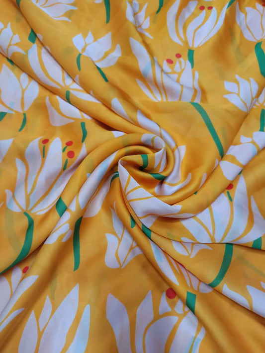 Yellow & White Big Lotus Print on French Crepe TK 332