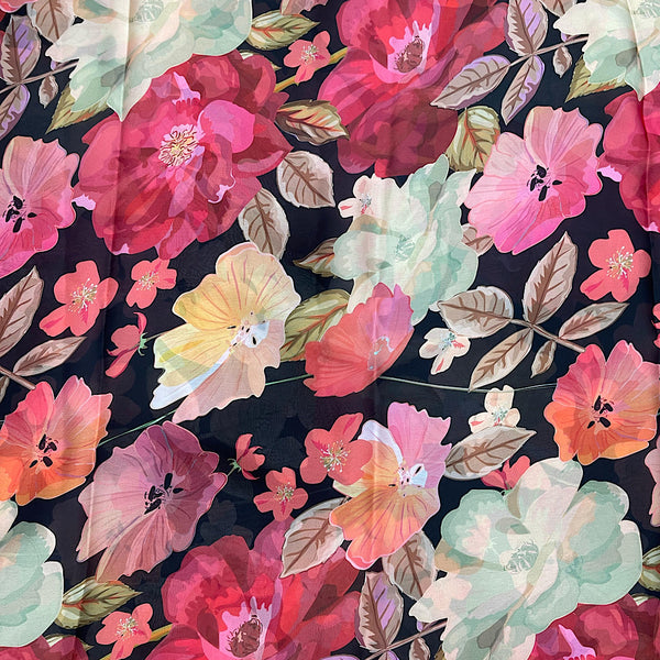 Deepika Black base with Multicolour Floral Print on Satin Georgette