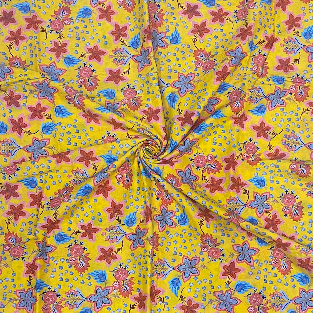 Mahima Print with Yellow Base & Multi Floral Print on Pure Cotton Cambric
