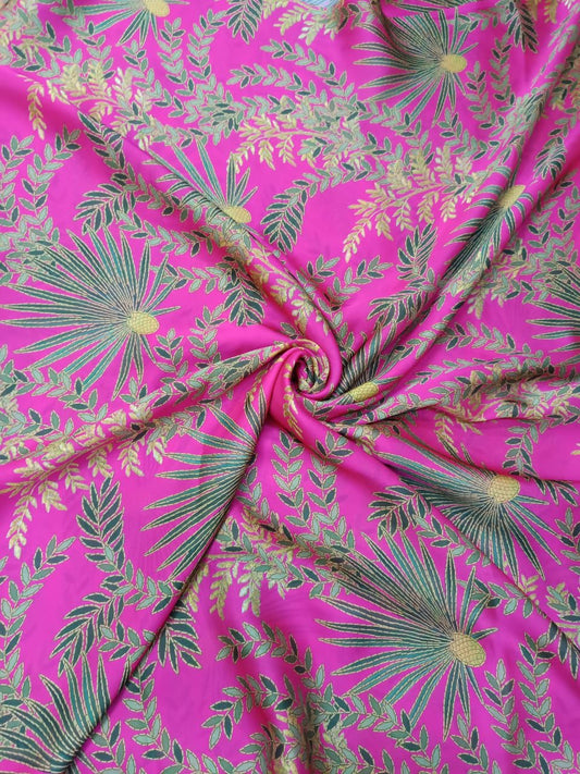 Pink & Green Leaves Print in  Armani Satin OMPS 26