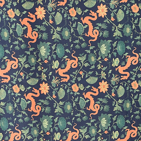 Kareena Dragon Flower Print with Black Base on Pure Natural Crepe