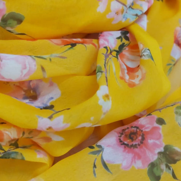 Floral Print in Yellow Base on Georgette Fabric OM 224