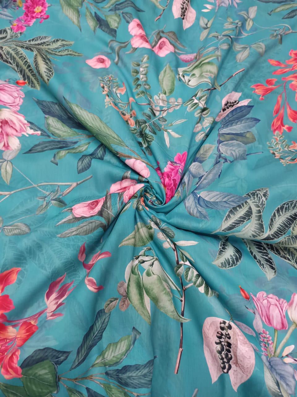 Teal Blue Floral Print on Satin Georgette OM SG 80