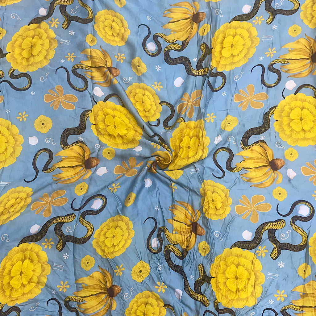 Shivan Yellow Floral & Snake Print in Dusty Blue Color on Pure Modal Satin Fabric
