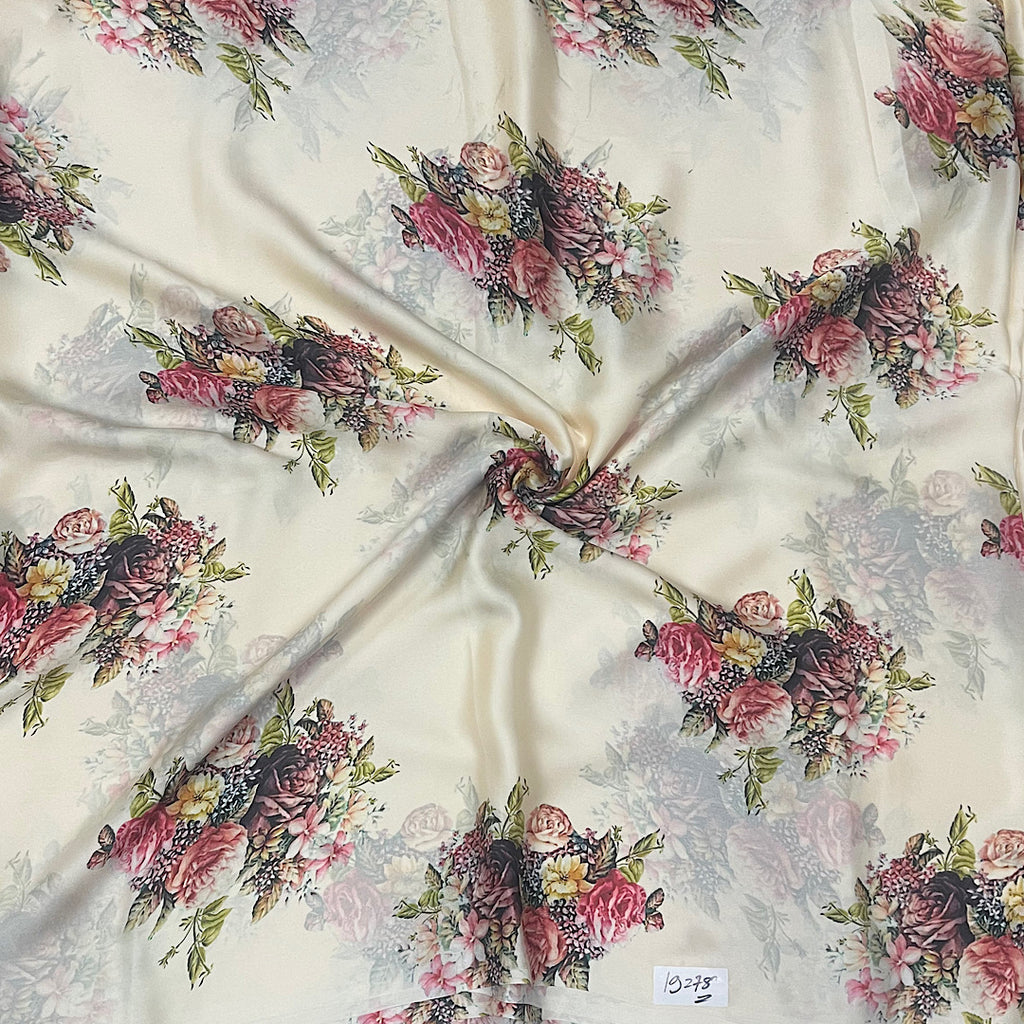 Sabya Big Floral Bunch on Ivory White Base in Satin Georgette Fabric OM RJ 347