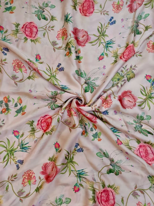 Beige Small Floral Print on Pure Natural Crepe OM SG 133