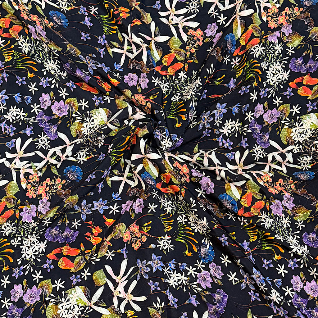 Small English Floral Print in Black Base on Pure Modal Satin